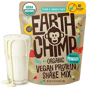 EarthChimp Organic Vegan Protein Powder - with Probiotics - Non GMO, Dairy Free, Non Whey, Plant Based Protein Powder for Women and Men, Gluten Free - 52 Servings 64 Oz Plain & Unsweetened No Scoop
