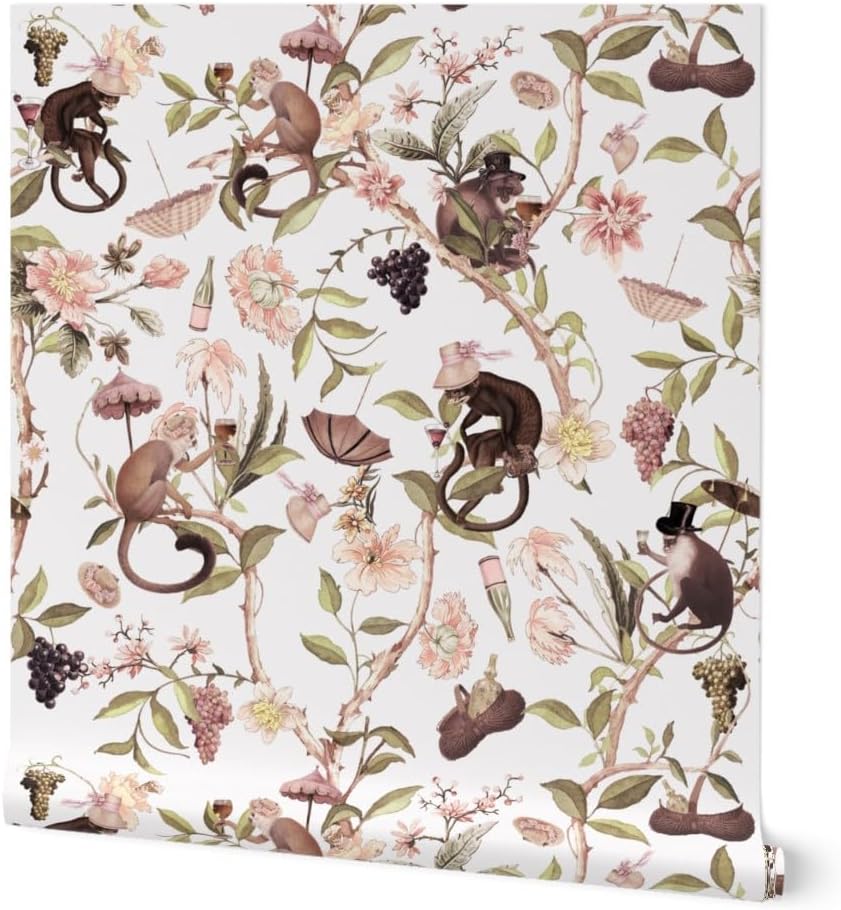 Peel & Stick Wallpaper 3ft x 2ft - Chinoiserie,Whimsical,Antique Rococo,Drunk Monkey,18th Century,Historical,Umbrella,Champagne,Pink Custom Removable Wallpaper by Spoonflower