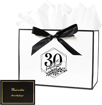 30th Birthday Large Gift Bag, with Card and Tissue Paper for Men Women, 13" Personalized Gift Bags, 30th birthday gift Bags for 30Year Birthday Decorations, Gifts Wrapping, Anniversary White