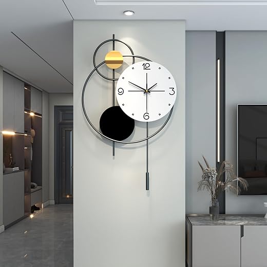 Large Wall Clock for Living Room Decor, Modern Decorative Metal Wall Clock with Pendulum for Bedroom Kitchen Large Wall Clock for Living Room Decor, Modern Decorative Metal Wall Clock with Pendulum for Bedroom Kitchen Office Decor, 13 Inch Big Silent Quartz Black Clock Battery Operated Non Ticking