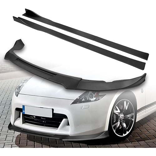 9pcs Combo Front Bumper Body Kit Lip + Side Skirt Extensions Diffuser Compatible with 2009-2012 Nissan 370Z Z34 2010 2011 (Unpainted Black)