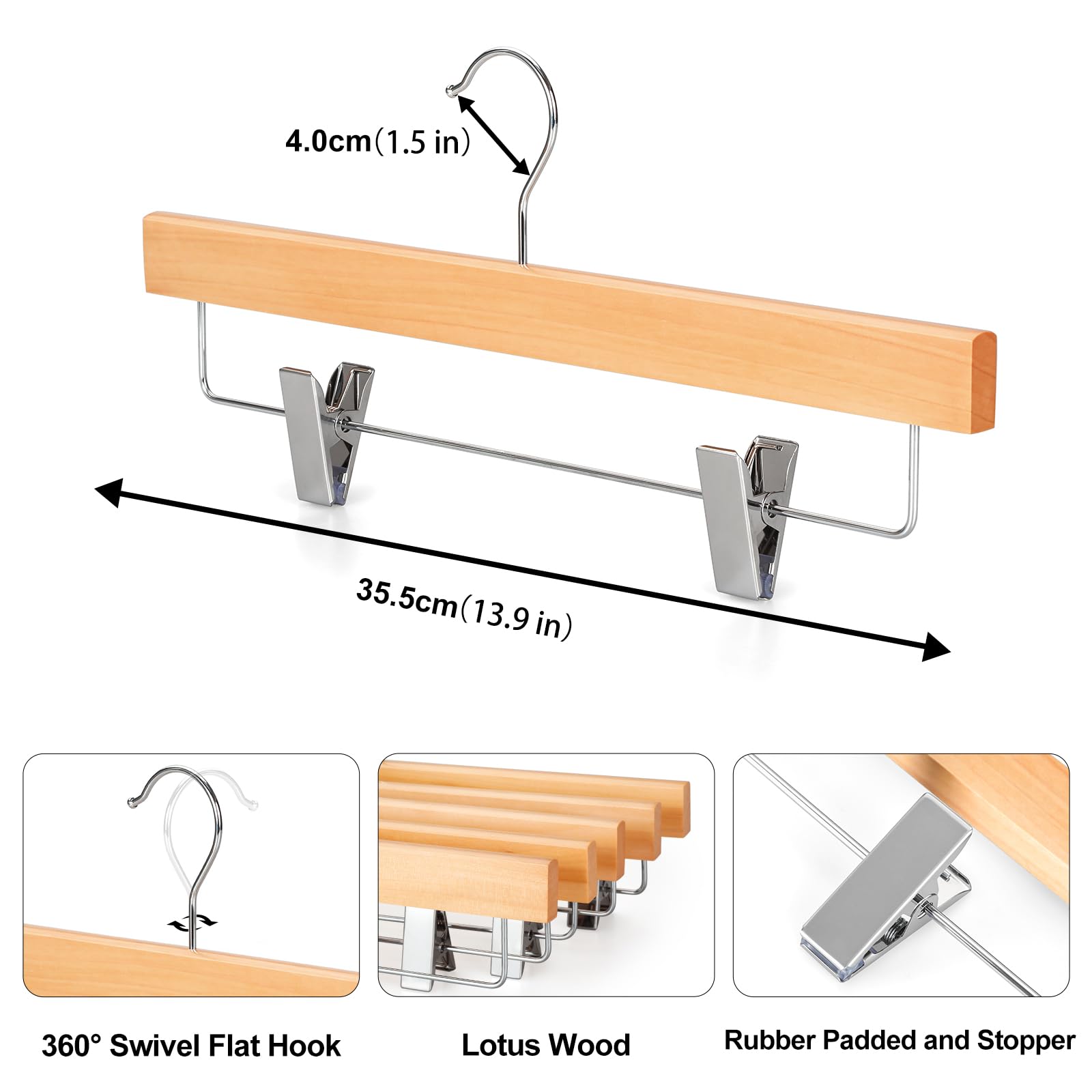 TOPIA HANGER Perchas de madera de loto para pantalones, falda de madera natural, para pantalones cortos con superficie lisa, gancho giratorio de 360°, antioxidante, 2 clips ajustables, paquete de 10