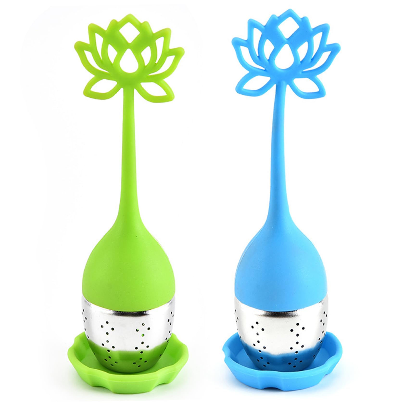 CAKEEYUM 2Pcs Silicone Tea Infusers, Stainless Steel and Silicone Loose Leaf Tea Steeper with Lid and Saucer, Green + Blue Infusers, Loose Leaf Steeper, Diffusers for, Te