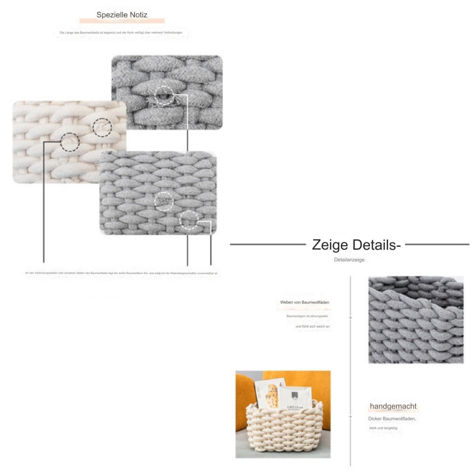 Caja de almacenamiento, cesta de cuerda de algodón, juego de 2 unidades, cesta para aperitivos, cesta trenzada a mano, cesta de almacenamiento para dormitorio, cuarto de baño, estantería