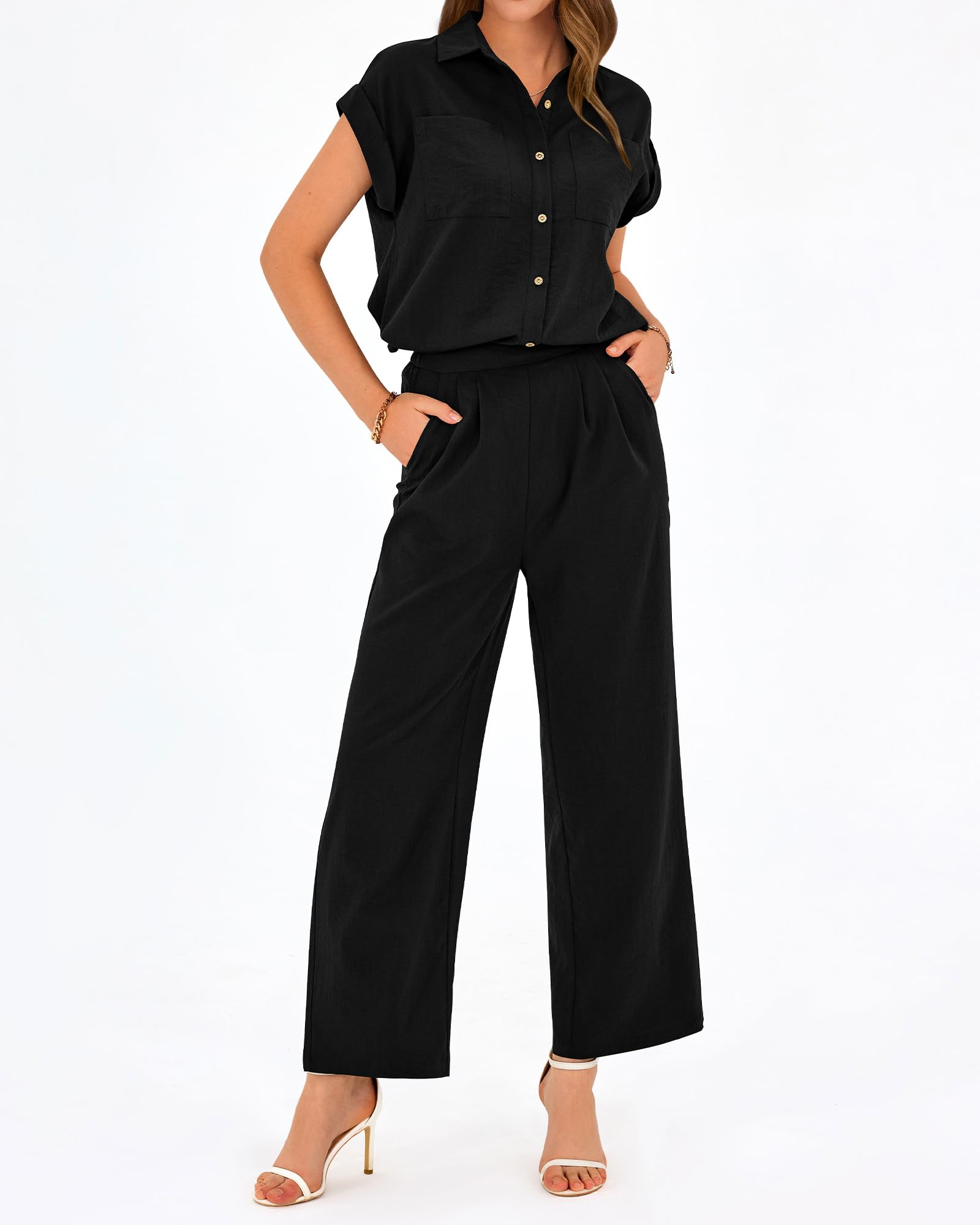 PRETTYGARDEN - Conjunto de 2 piezas para mujer, manga casquillo, pantalones palazzo, elegante, casual, vacaciones, viajes, trajes deportivos