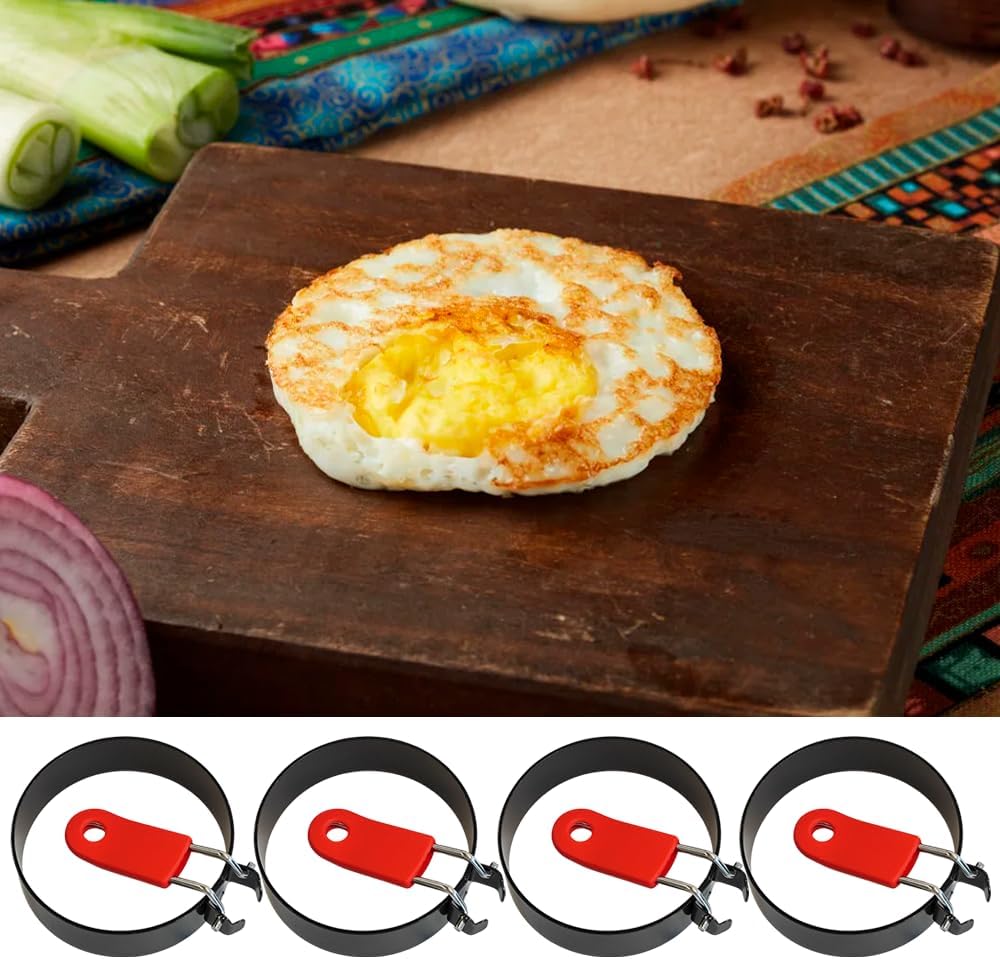 Armo® 4 X Stainless Steel Non Stick Egg Poacher Breakfast Burger Maker Fried Egg Rings with Handle