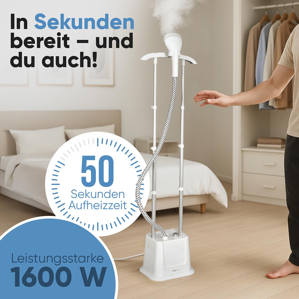 Clatronic® Stand-Dampfglätter | schnell einsatzbereit | Abnehmbarer 1,2 Liter Wassertank | bis zu 60 min. bügeln | 1600 Watt | Steamer | 3 Stufen | für empfindliche Stoffe | TDC 3809 weiß
