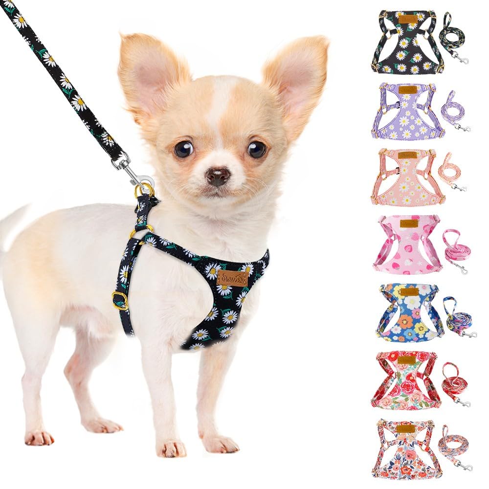 SlowTon Hundegeschirr mit Leine, No-Pull leichtes weiches Wildleder-Welpengeschirr mit Blumenmuster und Schnappschnalle, verstellbares Geschirr Hund für kleine und mittelgroße Hunde
