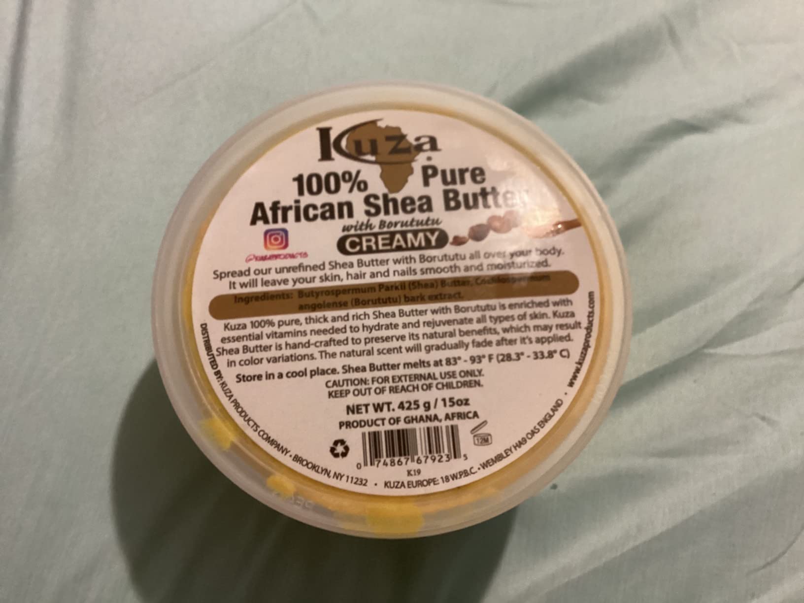 Kuza 100% African Shea Butter with Borututu - Creamy, Yellow - for Skin, Hair and Nails, 15 oz