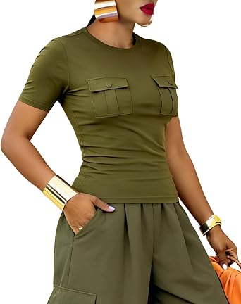 stylewe Cotton T Shirt for Women Crewneck Short Sleeve Tee with Flap Chest Pockets Fitted Casual Top