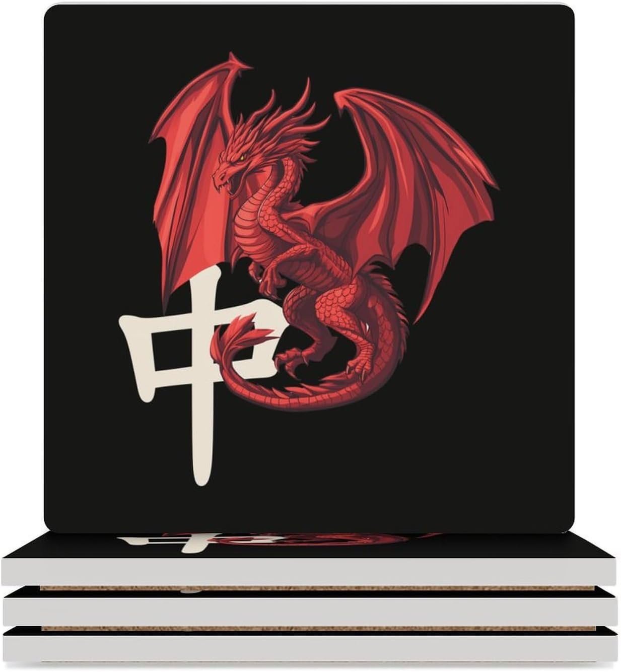 Dragon Tile Mahjong Coasters for Drinks Square Table Coasters Set Cup Mats with Cork Base