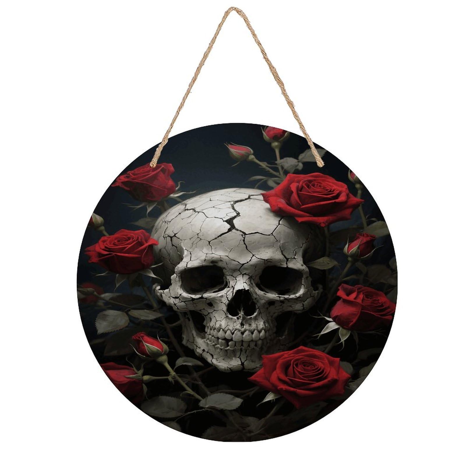 VstaDank Skull Rose Wall Decor Round Wood Hanging Sign 7.9x7.9 in Wooden Circle Door Hanger with Ropes, Rustic Wall Art Decor for Home Front Door Indoor Outdoor Decoration
