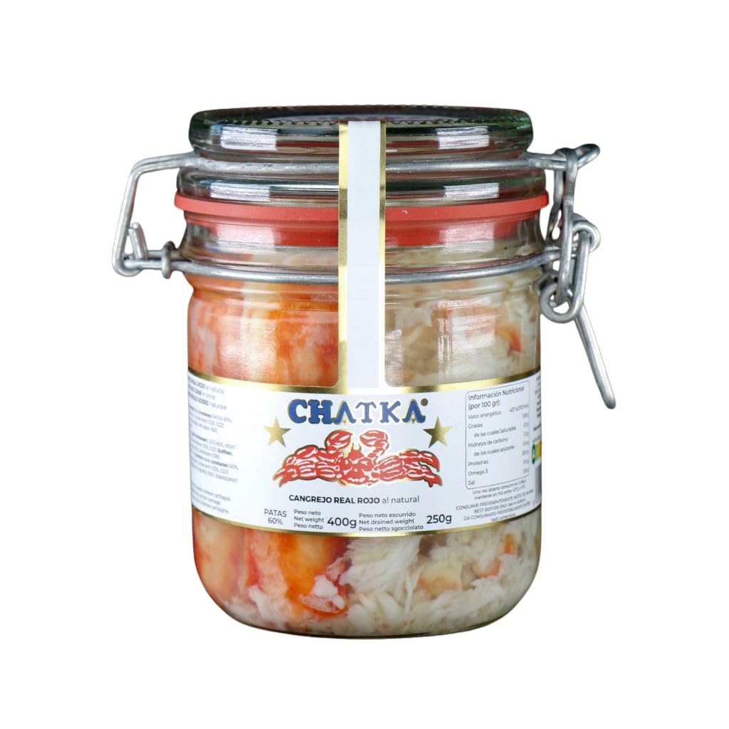Chatka. Conserva en bote de cristal con 60% patas de auténtico cangrejo real rojo y carne desmigada (250 gram)