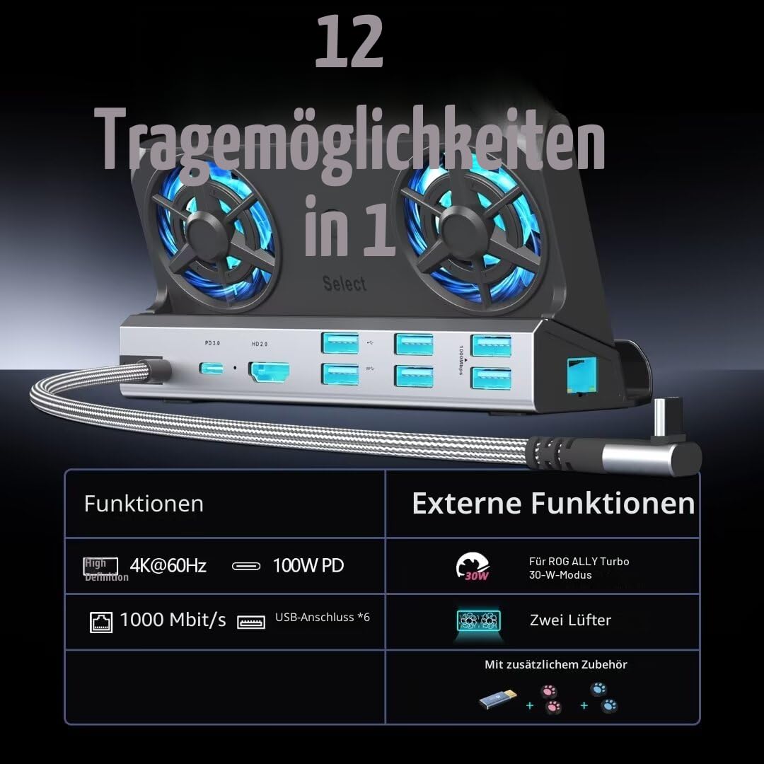 YCE 12-in-1 Dock mit Zwei Lüftern für Valve Steam Deck & OLED/Asus ROG Ally & X/Switch 2 / Lenovo Legion Go & S & 2 / MSI Claw, Nintendo Switch 2 Dock, Steam Deck-Zubehör, Switch 2 Dockingstation