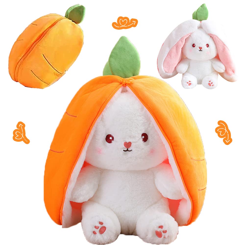 YF-TOW Stuffed Animals with Zip, 10''/7.1'' Reversible Cute Strawberry Bunny Stuffed Animal, Pillows, Toy, Skin Friendly, Stuffed Bunny Gifts for Kids/Partners/Friends/Boys/Girls (10‘’Carrot)