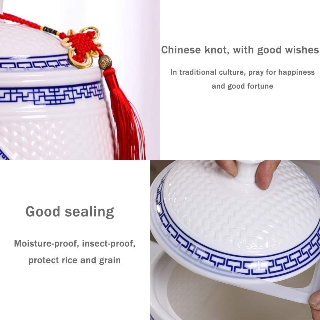 Food Storage Containe Rice Storage Containe Handmade Ceramic Rice Jar with Tassels Household Sealed Rice Box with Lid Retro Large-Capacity Storage Tank Home Decoration (Blue a)