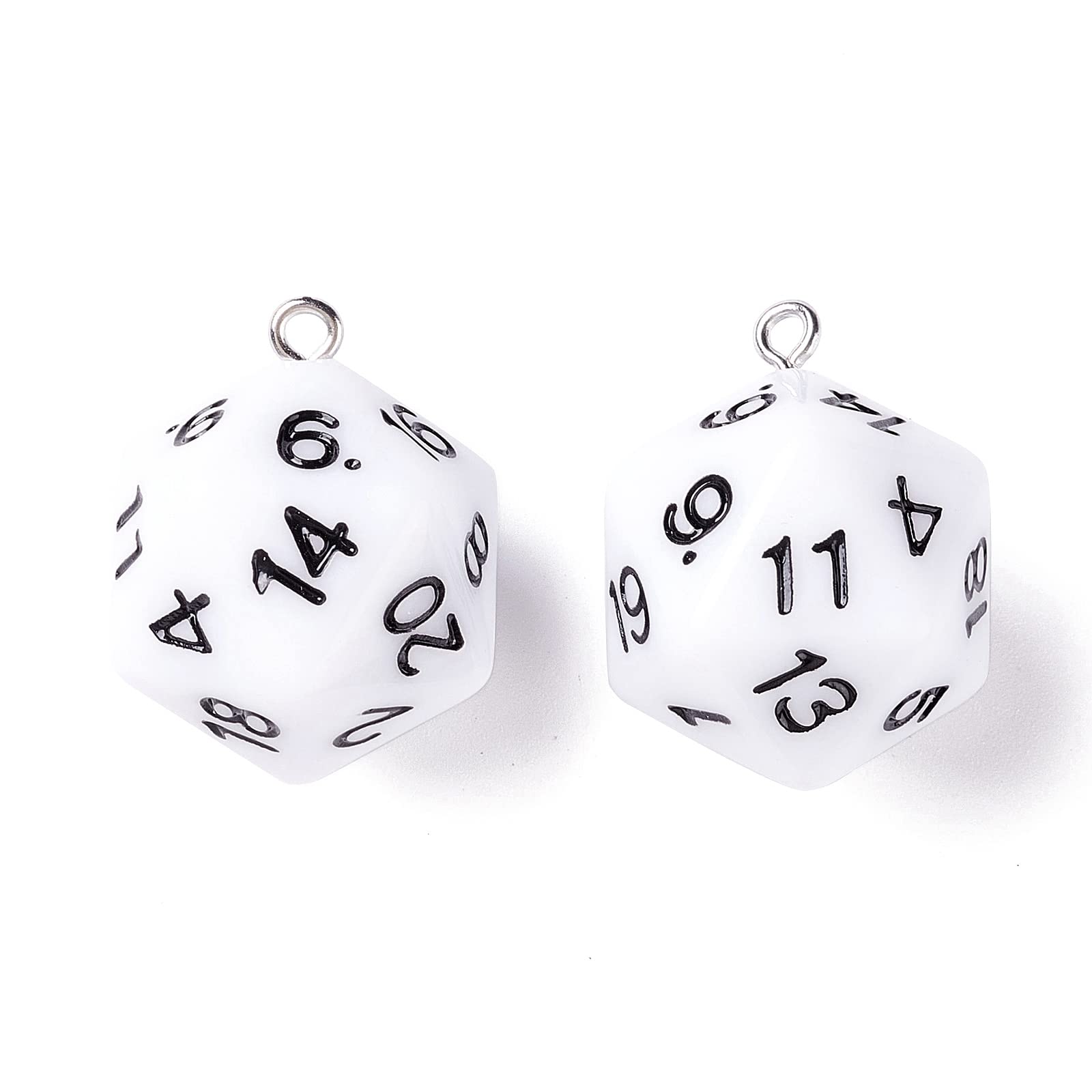 PandaHall 20pcs D20 Dice Charms Acrylic Number Pendants Faceted 20 Sided Polyhedral Dice Charms Beads for DIY Jewellery Keychain Craft Making,White