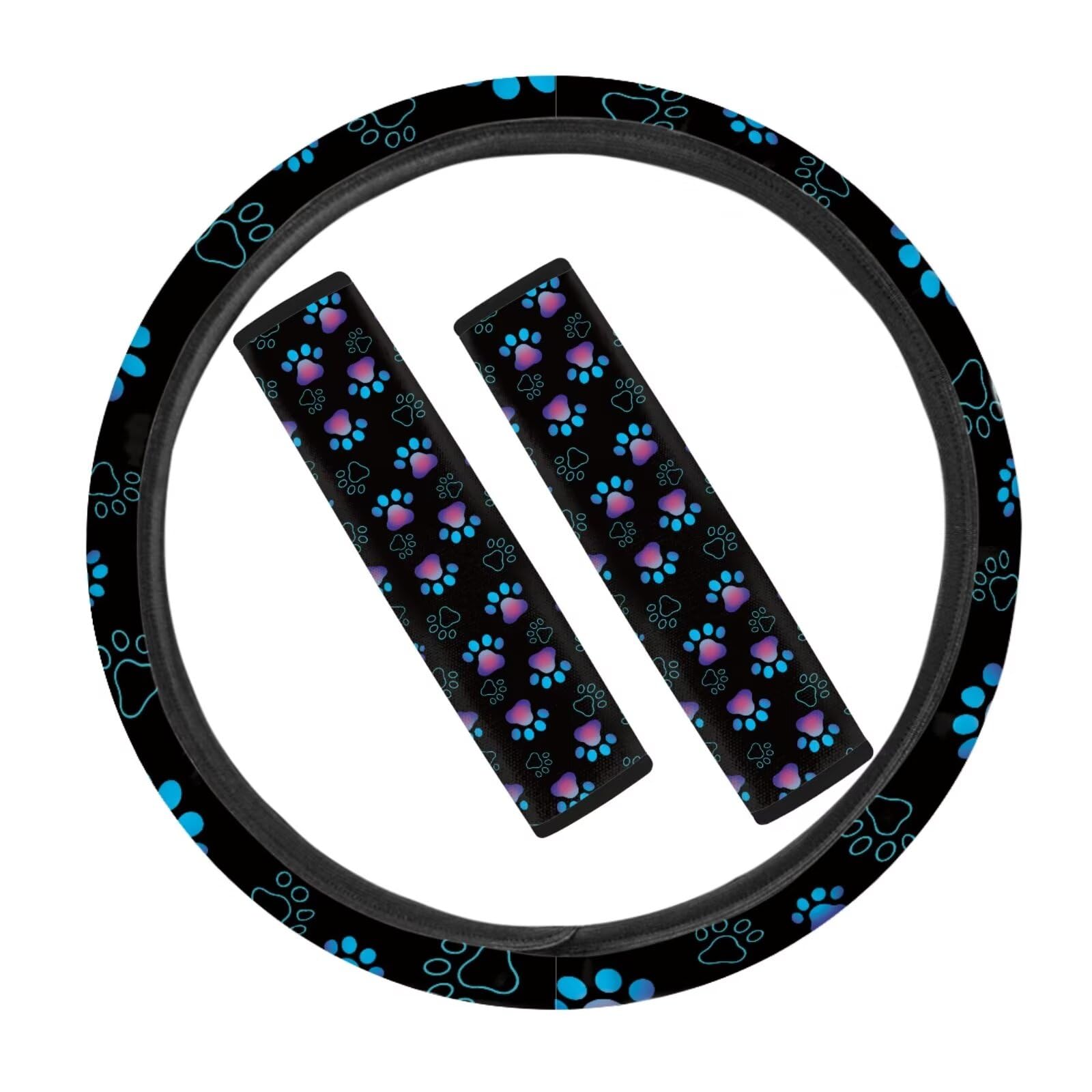 JOAIFO 3 Pieces Paw Print Car Steering Wheel Cover and Seat Belt Shoulder Pads Washable Decor Protector, Easy to Install