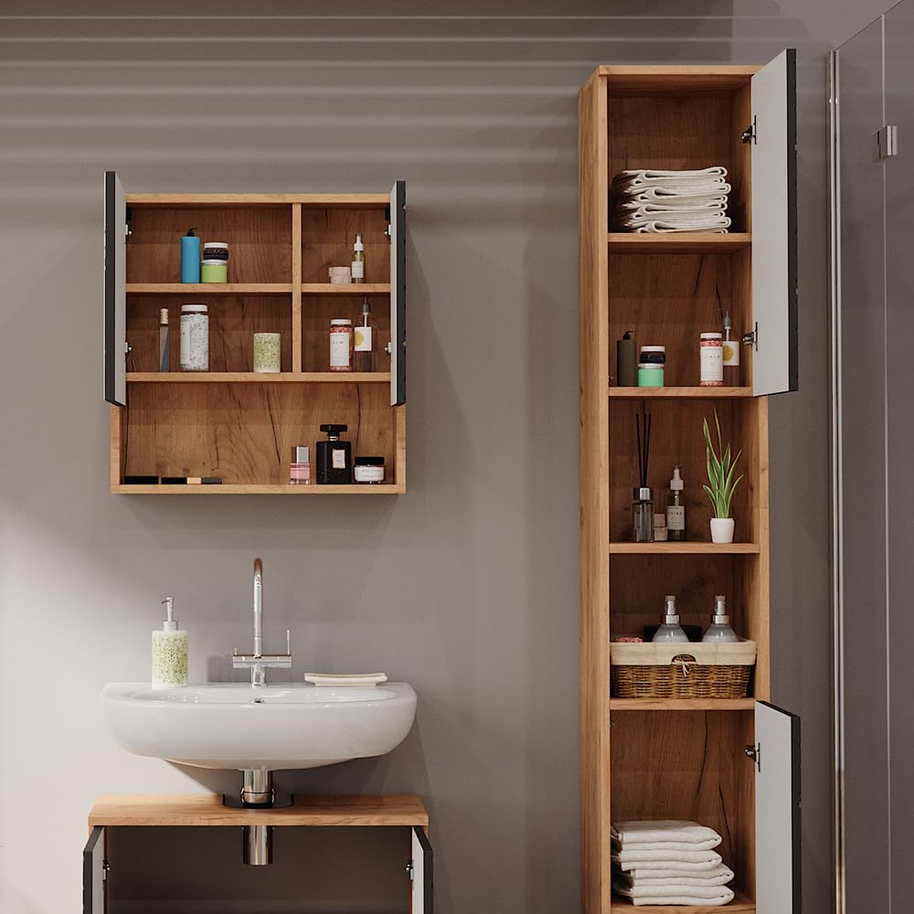 Vicco Armario de baño Irma Antracita con Estructura de Panal 30x192 cm | para guardar artículos de baño y compatible con la serie Irma