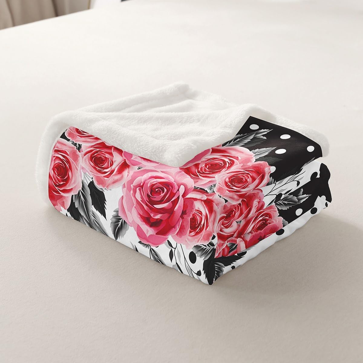 Pink Flowers Bed Blanket Kids Girls Black and White Sherpa Blanket Soft Cozy Lightweight Polka Dot Pattern Plush Fleece Floral Blanket Gifts for Couch Bed Chair Office Sofa(Throw 50"x60")