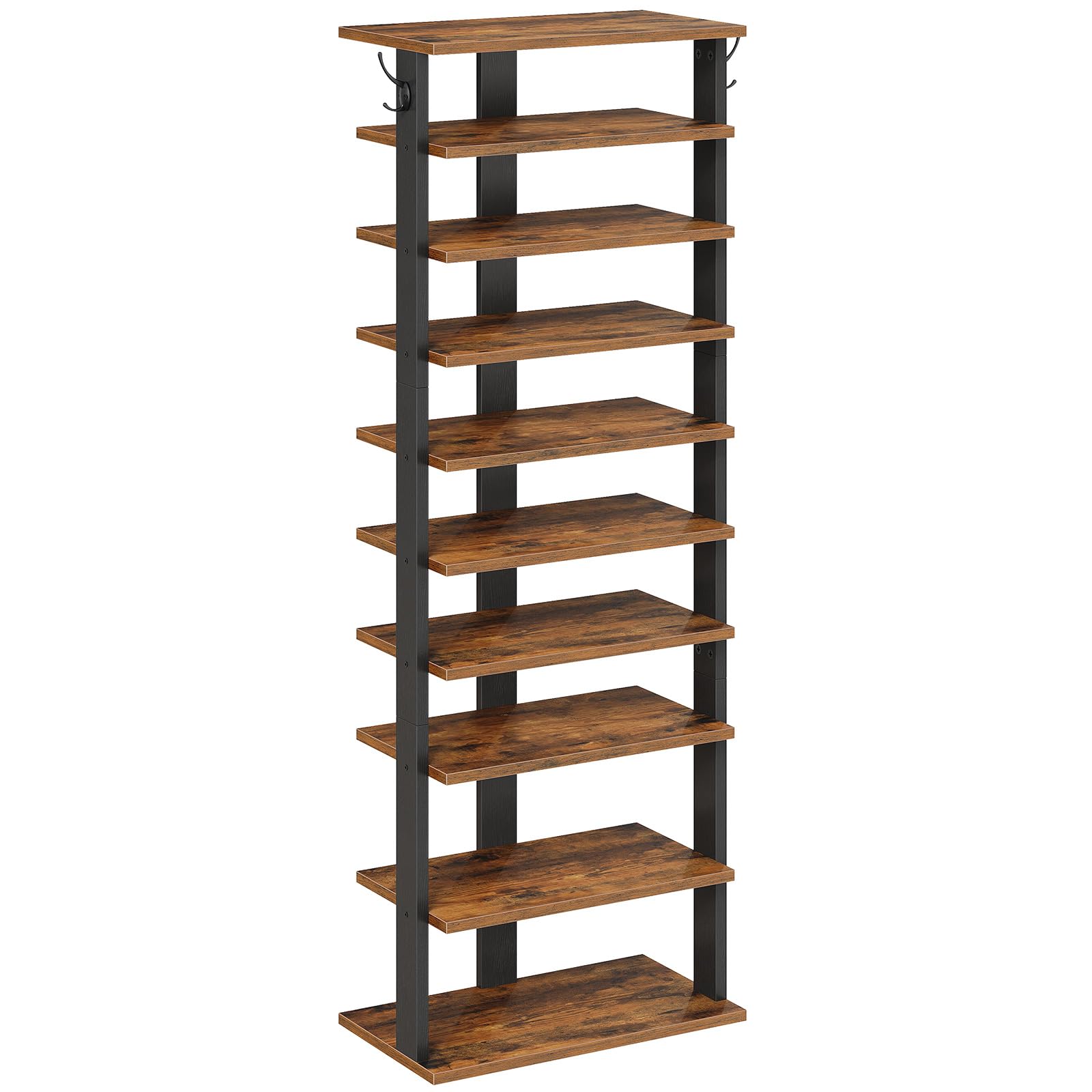 HOOBRO 10-lagiges Schuhregal, schmales Schuhablage, 50 cm Schuhschrank mit 2 Haken, Ablagegestelle, Stabil, für Eingang, Wohnzimmer, Schlafzimmer, Rustikales Braun EFG140XJ01