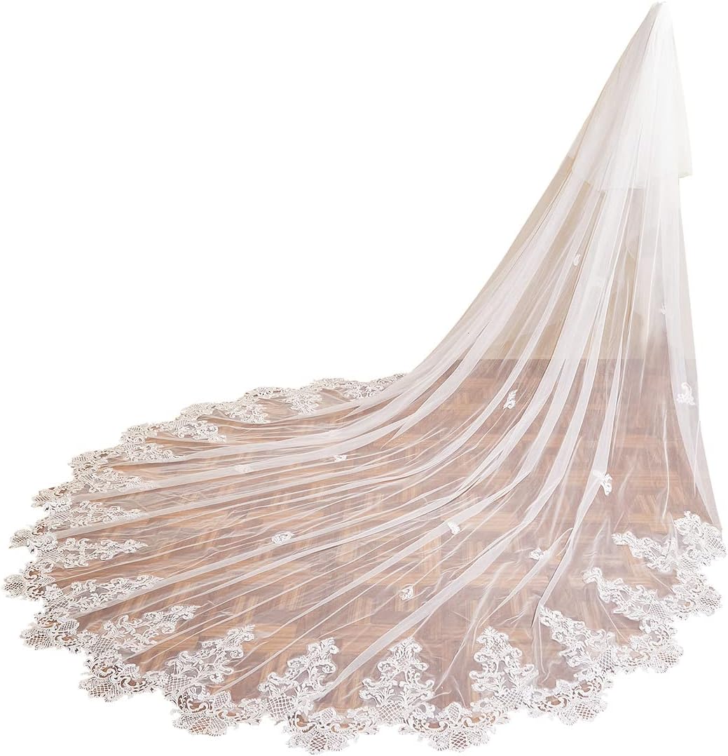 EllieWely Long Cathedral Length 2 Tier Sequin Lace Wedding Bridal Veil F09