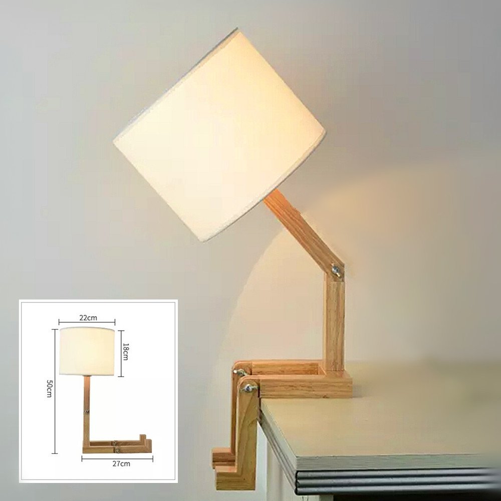 Creativa lampada da scrivania robot, mensola regolabile lampada da comodino in legno con paralumi in tessuto E27 vite per bambini camera da letto ufficio soggiorno illuminazione decorativa