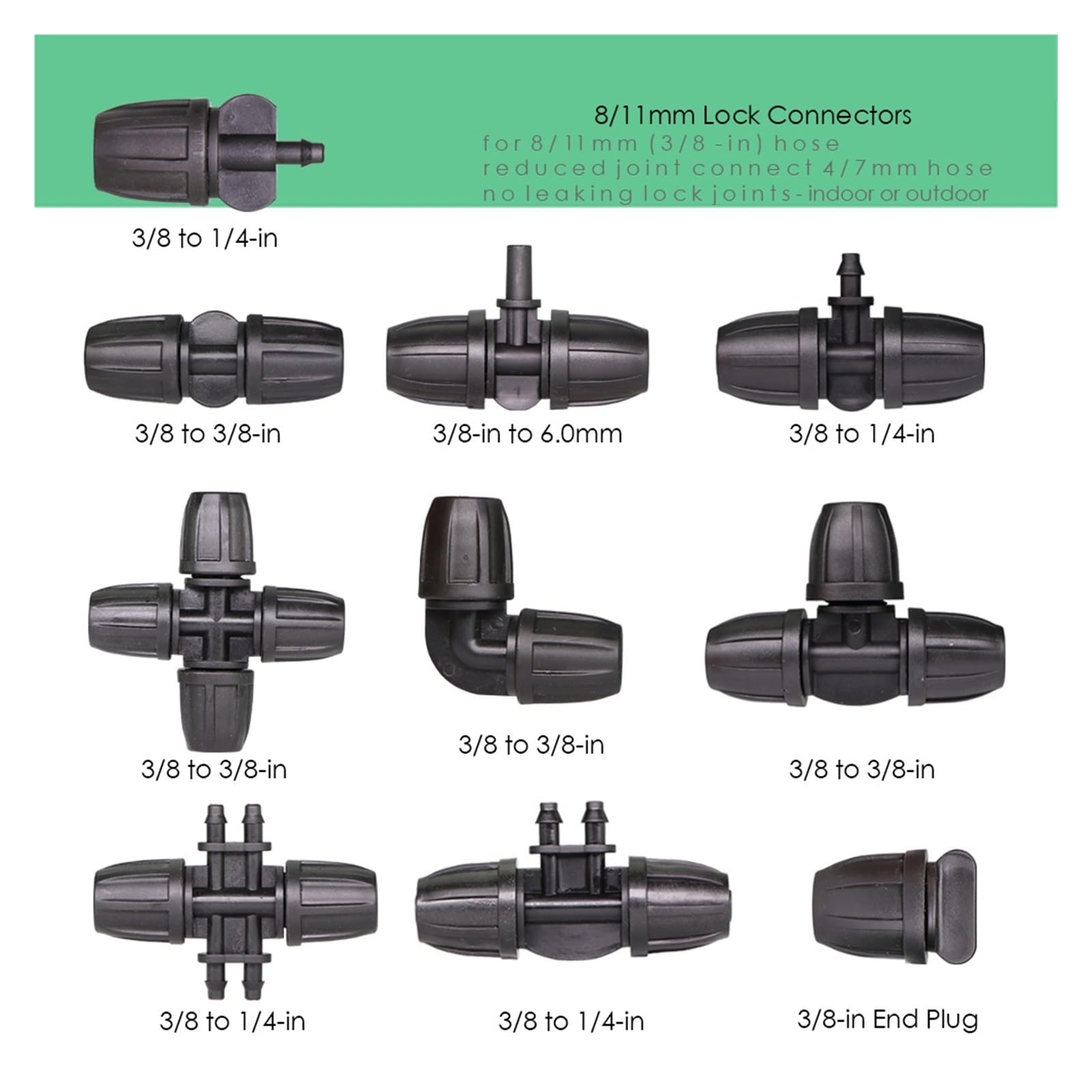 Conector de manguera agua 8/11mm, adaptador acoplamiento bloqueo irrigador jardín, juntas riego 3/8 pulgadas for tubería(A x 20pcs)