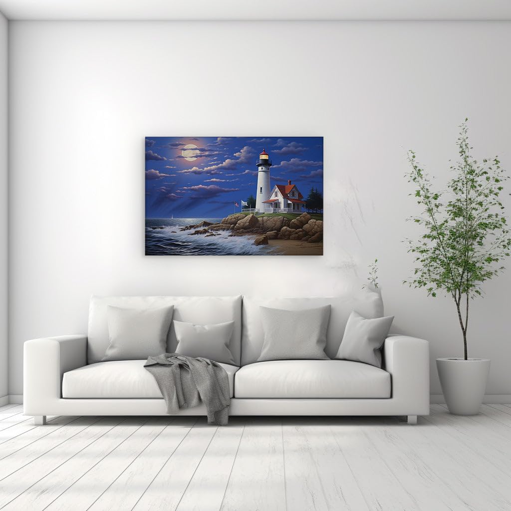 Canvas for Living room. Guiding Light Amidst the Serene Nocturnal Seascape, 27 x 18 inch Canvas Wall Art - Contemporary Masterpieces - Modern Home Decor