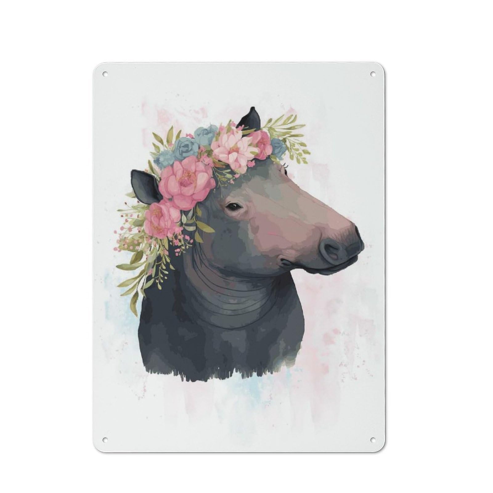 Floral Watercolor Tapir Rustic Metal Sign 40x30cm, Country Vintage Country Wall Plaque for Cottage, Kitchen, Hallway Or Breakfast Nook