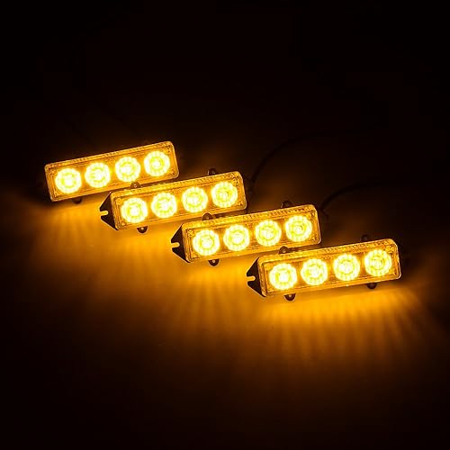 Miniatura 4 de Astra Depot 4 unids 4 "4-LED impermeable advertencia de emergencia estroboscópica intermitente barra de luz kit de peligro DC 12V (ámbar)