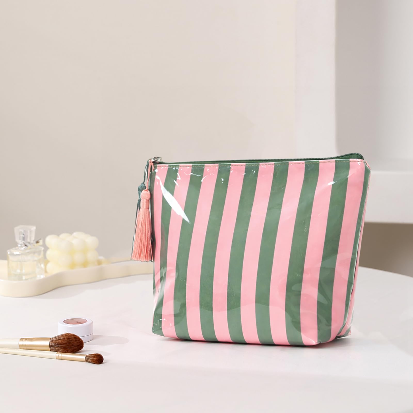 Organizer per cosmetici in PVC, lucido, a righe, grande | EcoGleam Organizer per cosmetici in PVC lucido a righe con nappe, 5 pezzi, 1 borsa portaoggetti, dimensioni