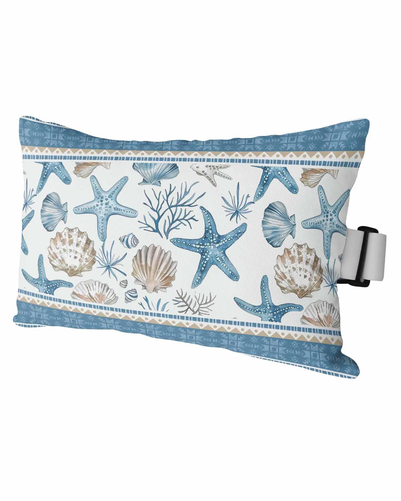 Outdoor Pillows Covers with Inserts Summer Ocean Starfish Seashell Coral Blue Geometric Striped Waterproof Pillow with Adjustable Strap Throw Pillows for Patio Furniture Lounge Chair, 12x20 Inch, 1PCS