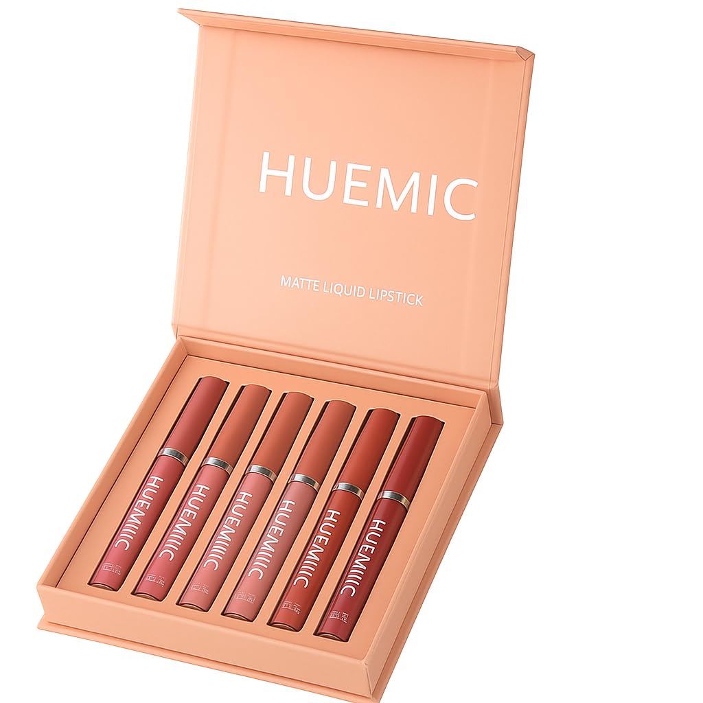 Huemic 6Pcs Matte Liquid Lipstick Set For Girls & Women, 24 Hours Long Lasting Waterproof Nude & Dark Red Lip Gloss Makeup Gift Kits_A-image-8