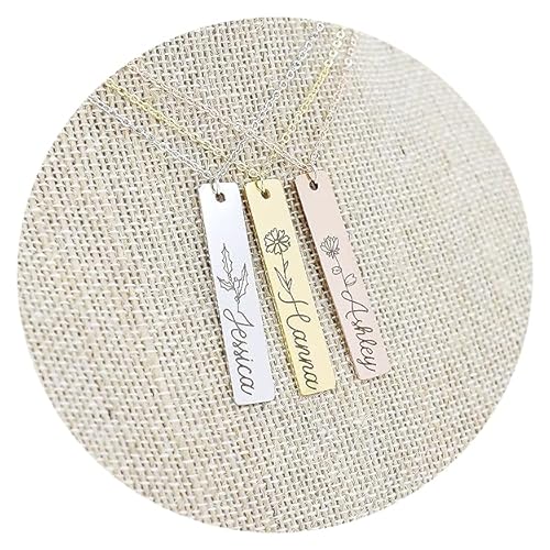 Personalized Flower Name Bar Pendant Necklace Custom Engraved Jewelry Gift