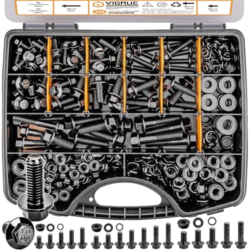 Image of Vigrue 452PCS Metric Flange Nuts and Bolts Assortment kit, M6x1.0, M8x1.25, M10x1.5 Grade 10.9 Alloy Steel Black Zinc Plating Hex Bolts and Nuts Washers, Metric Bolt Set for Automotive Motorcycle