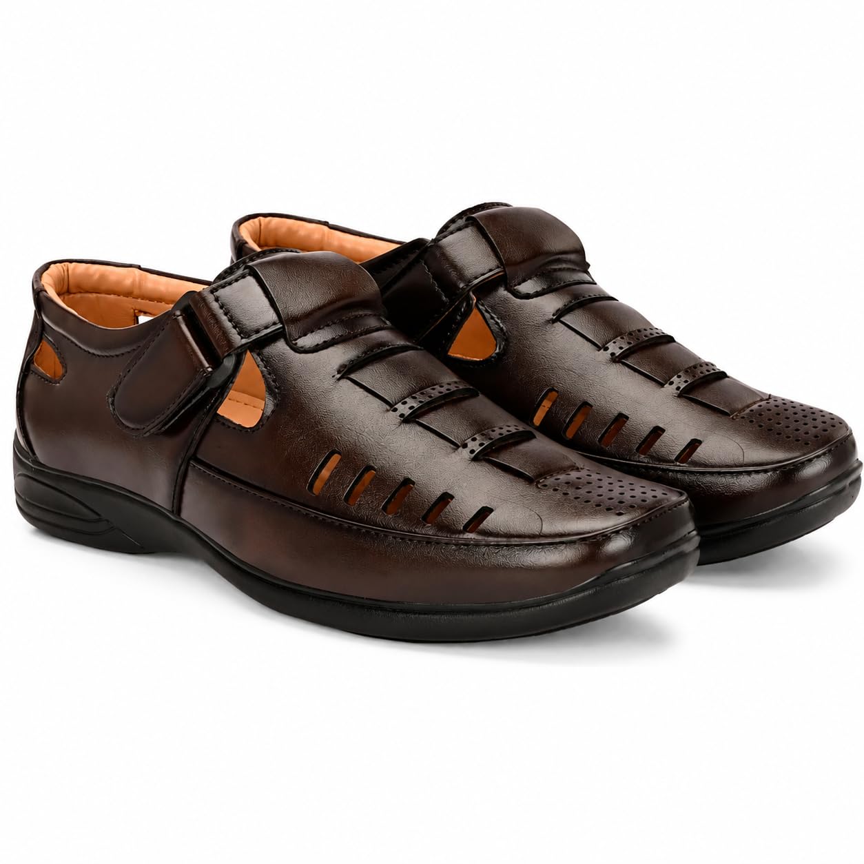 Men's Premium Leather Sandals for Daily Comfort | Adjustable Velcro Strap | Breathable Cut-Out Upper | Soft Cushioned Footbed | Non-Slip Rubber Sole | Casual Walking Sandals-image-43