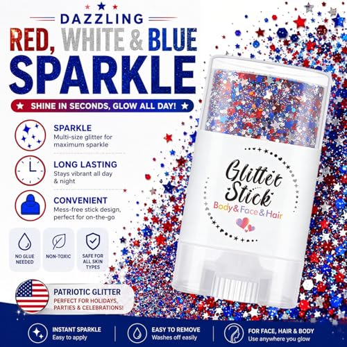 2Pcs Red White and Blue Glitter Stick, 4th of July Glitter Stick, Face Glitter, Patriotic Accessories, Fourth of July Decorations, American Flag Makeup for 250th Independence Day, Rave Accessories — view 2
