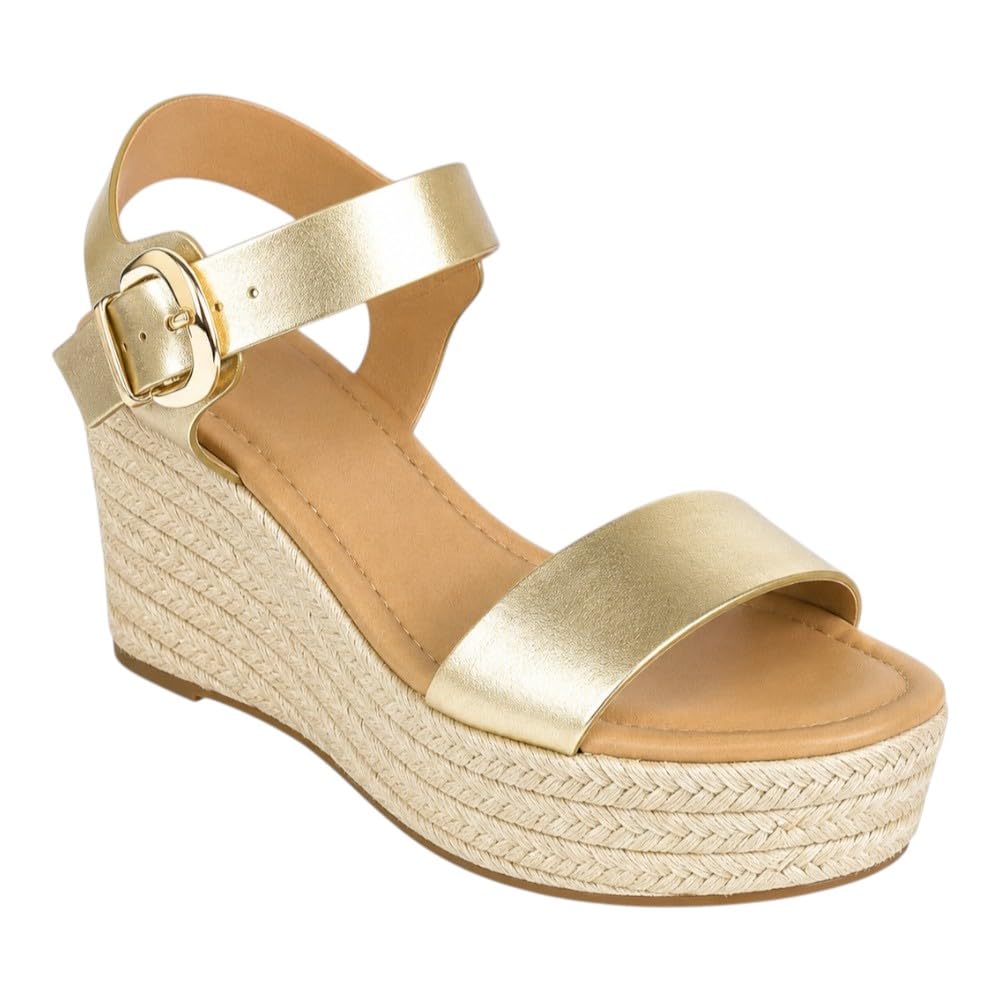 Women’s Espadrille Platform Wedge Sandal – Open Toe Ankle Strap Summer Heel 7 Gold