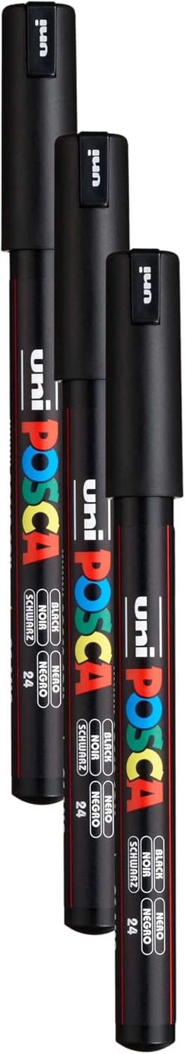 Posca Marker 1MR in Black, Posca Pens for Art Supplies, School Supplies, Rock Art, Fabric Paint, Fabric Markers, Paint Pen, Art Markers, Posca Paint Markers (Pack of 3), PX89862000