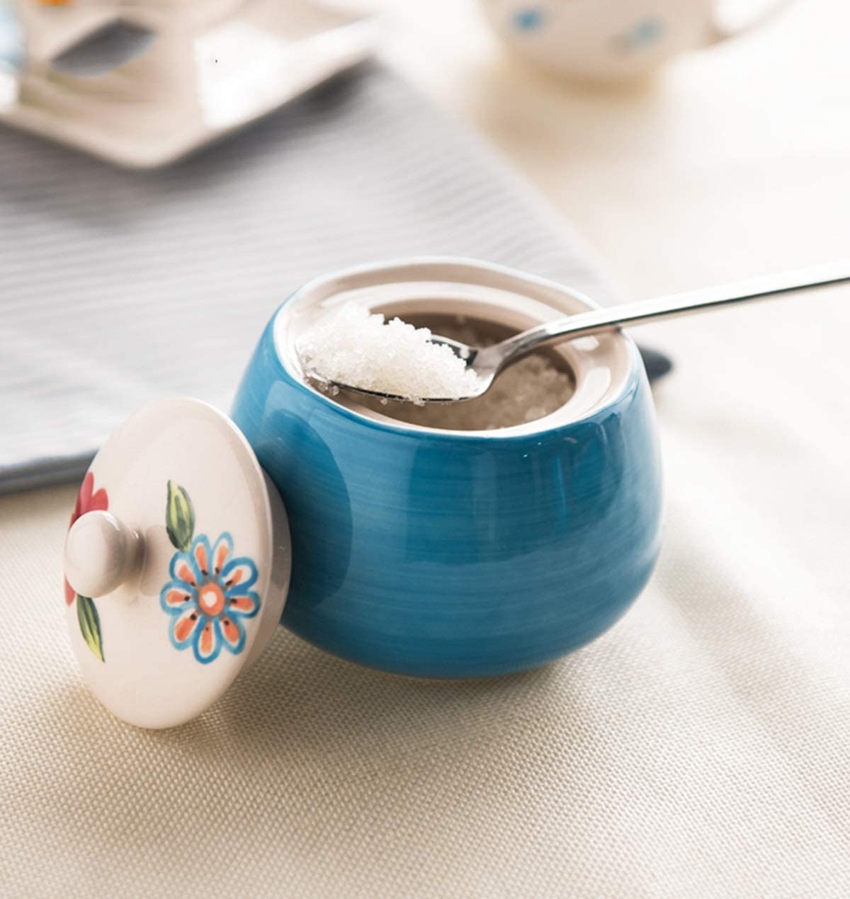 Sucrier en Céramique Bleue Rétro avec Couvercle, Pot De Stockage De Sel Et De Poivre en Porcelaine
