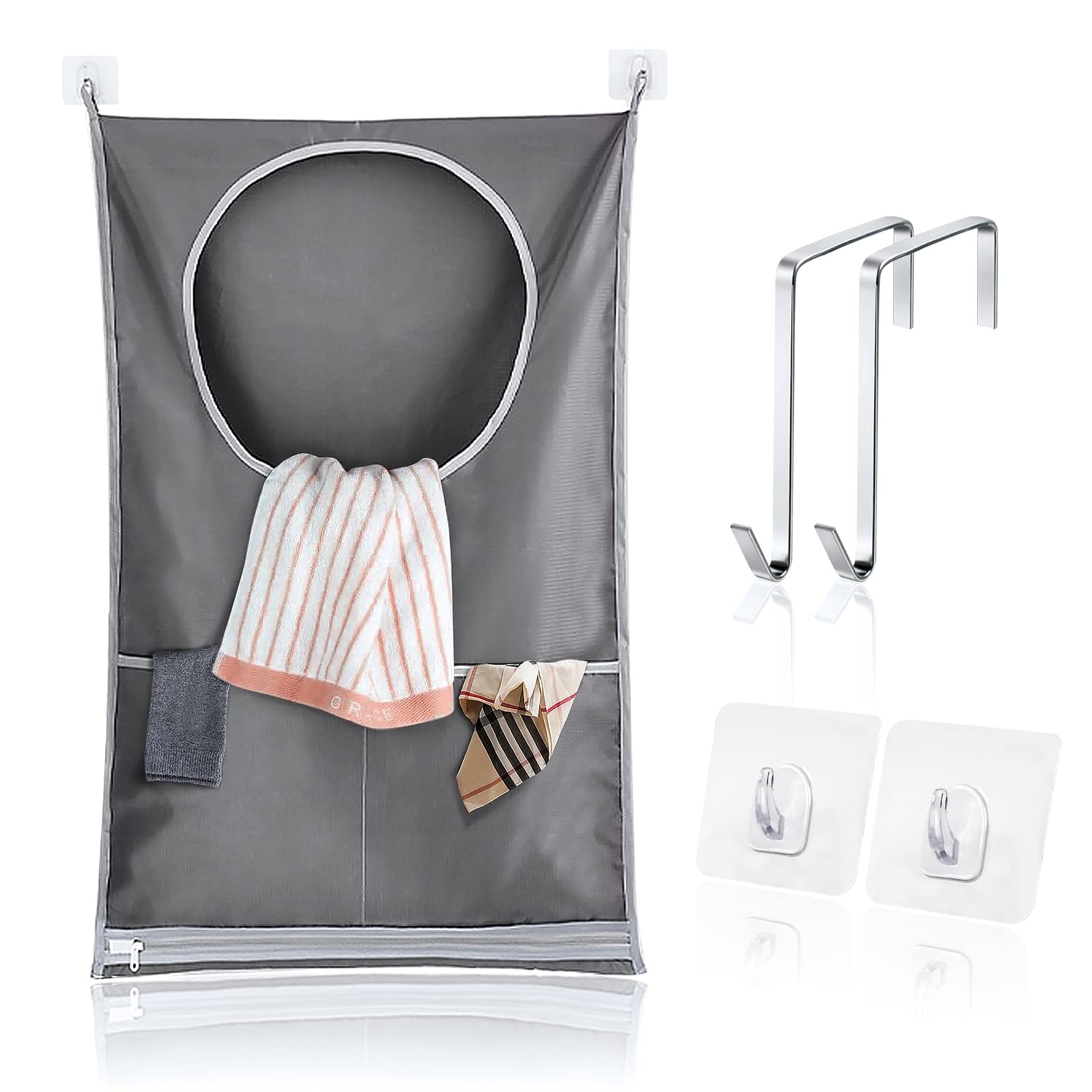 flintronic Hanging Laundry Bag, Hanging Laundry Basket Storage Bag with 2 Stainless Steel Door Hooks and 3 Suction Hooks, for Closet, Dorm, Bathroom