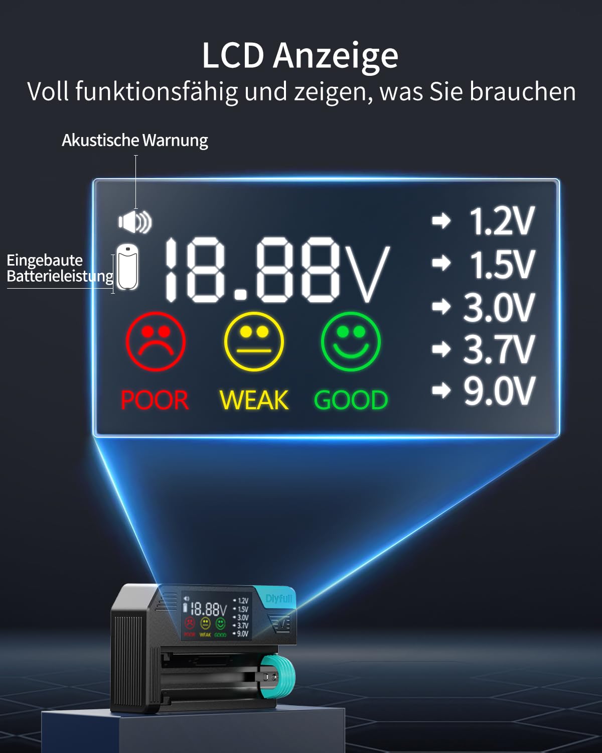 Dlyfull Tester professionale per batterie con display LCD per AA AAA C D 9V batterie a bottone 1,2V 1,5V 3V 3,7V