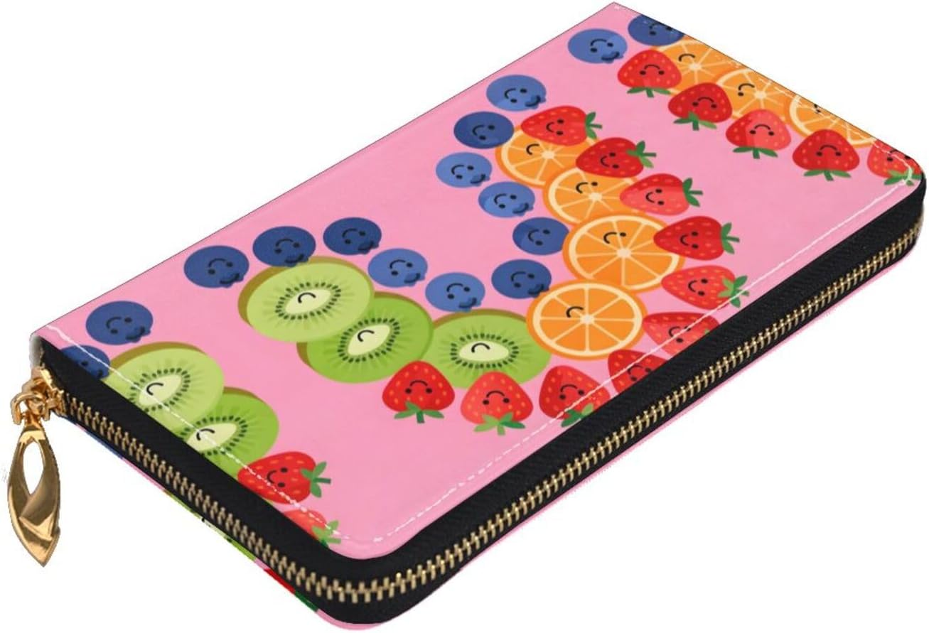 Rainbow Fruit Platter Long Zip Around Wallet for Women, Large Capacity RFID Leather Wristlet Wallet with 12 Card Slots Coin Purse, Fashion Clutch Purse with Wrist Strap