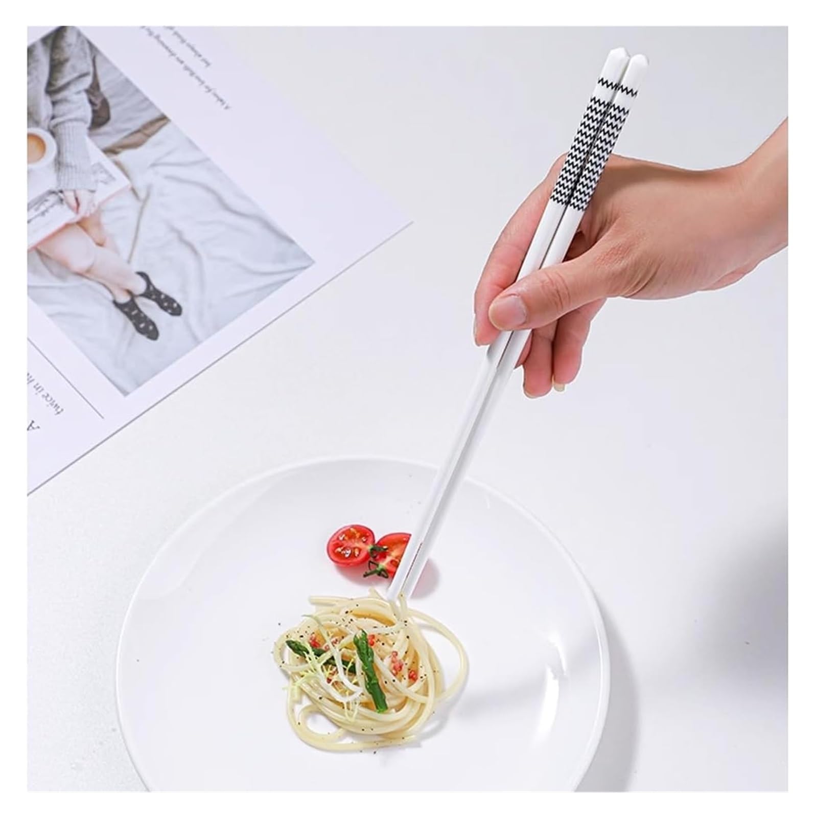 Jeu de baguettes, Ensemble de 5 paires baguettes en porcelaine noir et blanc, cadeau réutilisable avec étui(X)