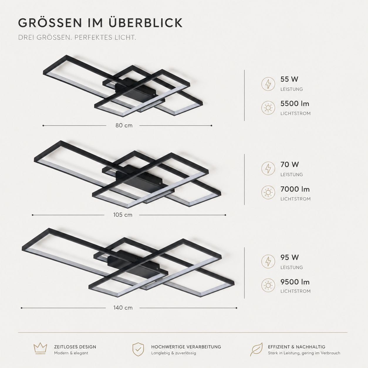 Geometrische LED Deckenleuchte, rechteckige Deckenlampe, Schwarz 80cm, 55W 5500 lm, 3000K bis 6500K, dimmbar 10 bis 100 Prozent, mit Fernbedienung, für Wohnzimmer Schlafzimmer Flur Büro, Deckenmontage