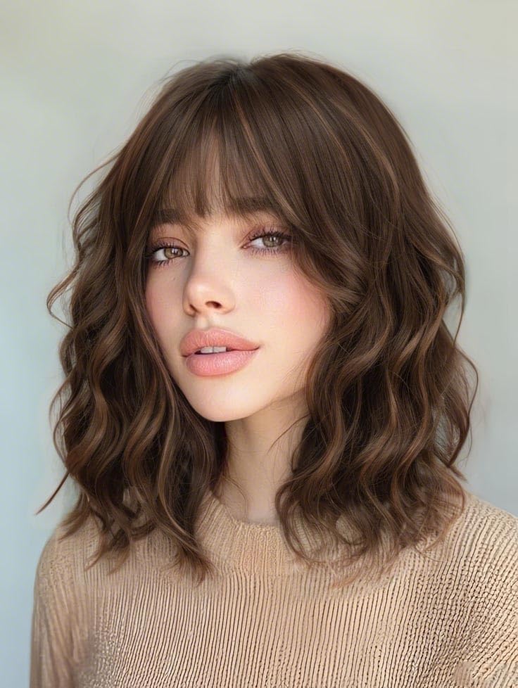 Image of AISI HAIR French Caramel Balayage Brown Synthetic Wavy Curly Bob Wig with Bangs Short Wavy Hair for Women Synthetic Heat Resistant Bob Wigs