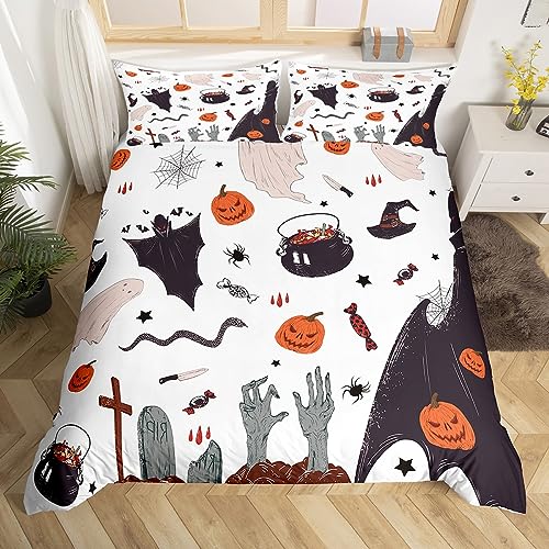 Feelyou Halloween Themed Bedding Set for Girls Boys Kids Twin Size Wizard Ghost Comforter Cover Set Room Decorative Spider Pumpkin Lantern Duvet Cover Scary Halloween Bedspread Cover Bedclothes