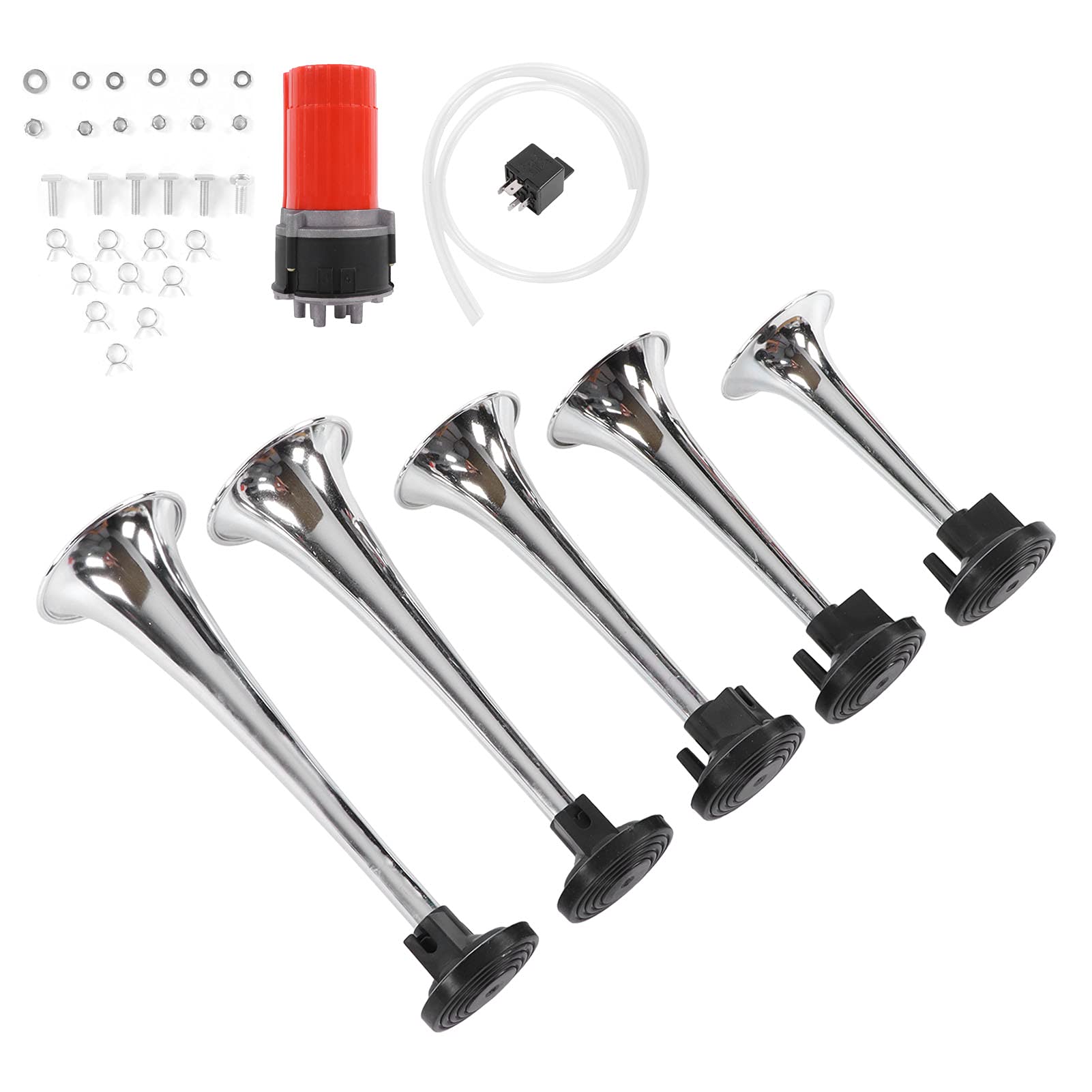 Avvisatore Acustico per Auto da 5 Pezzi Aggiornato 130 DB 12 V con Compressore D'aria Musica Jazz, Adatto per Camion, Autobus, Barche