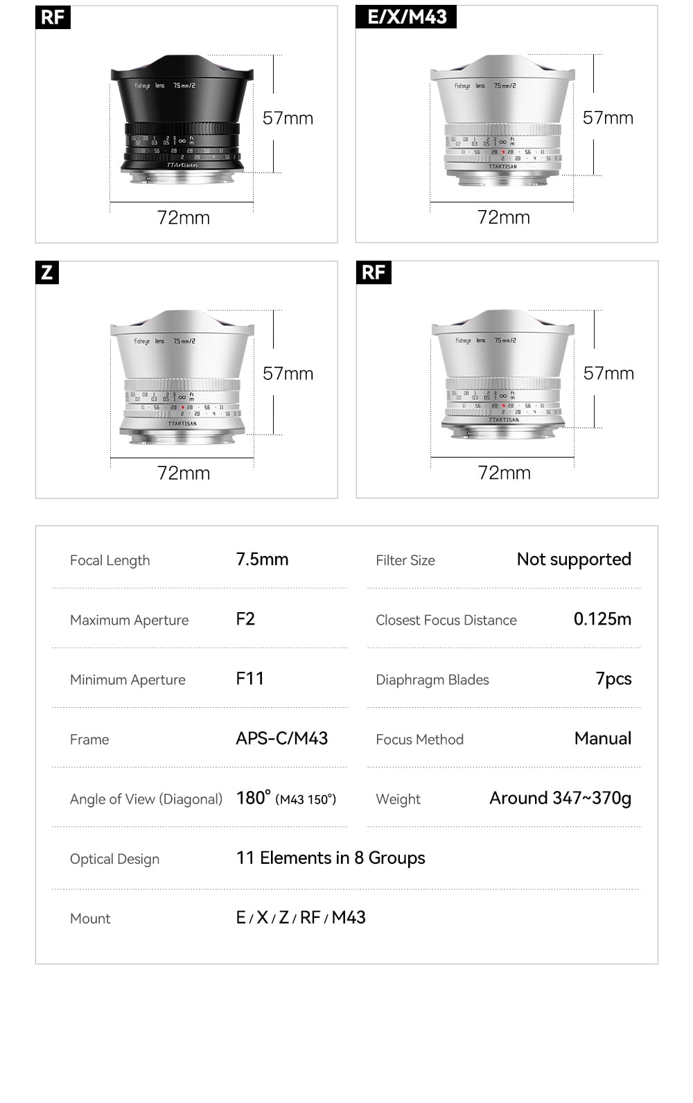 TTARTISAN APS-C 7.5mm F2 Fisheye Obiettivo, 180° ultra ampio, ampia apertura F2 con anello di apertura, compatibile con fotocamere Sony E-mount A5000, A5100, A6000, A6100, A6300, A6400, A6500